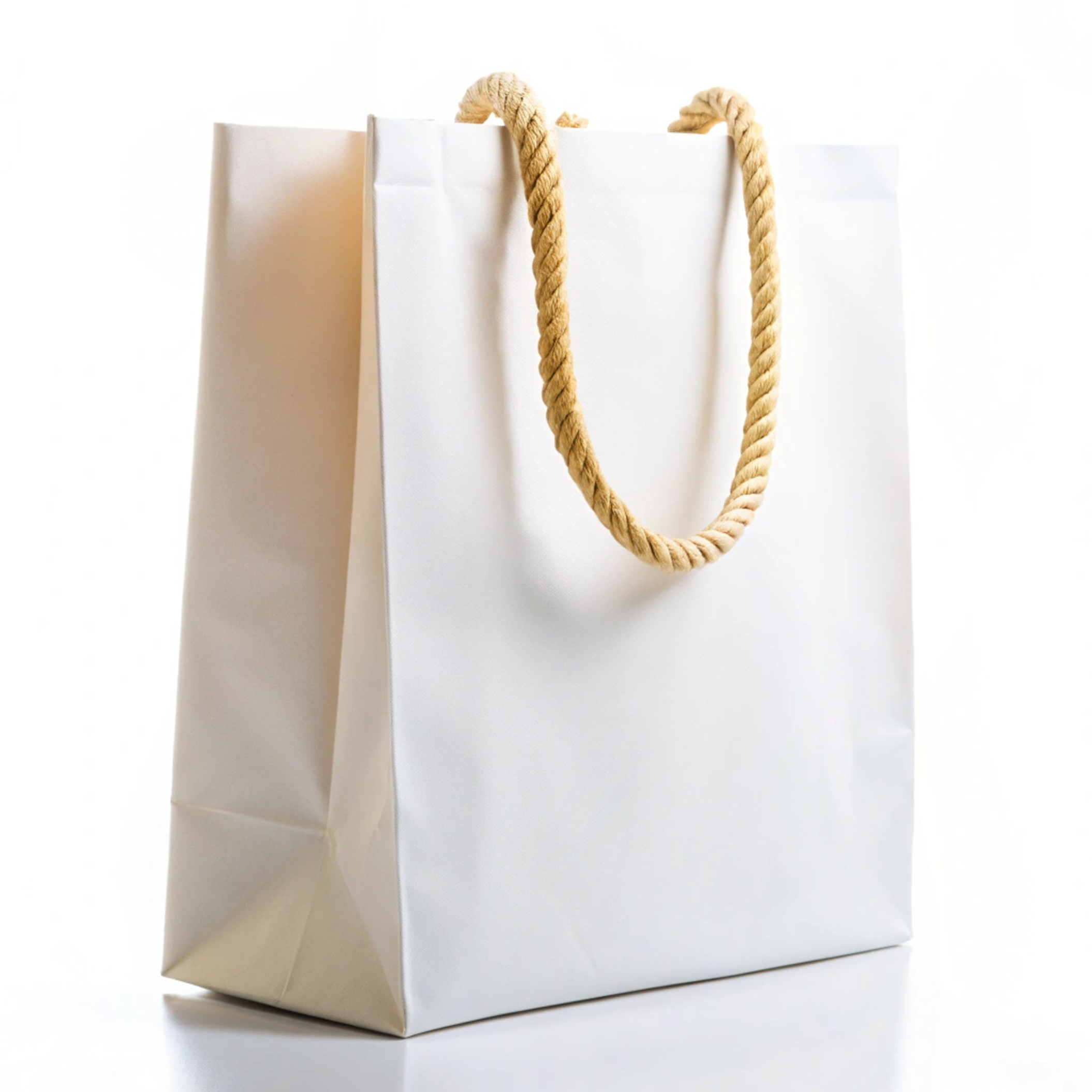 Kraft paper bag with black cord handles and cut-out top.
