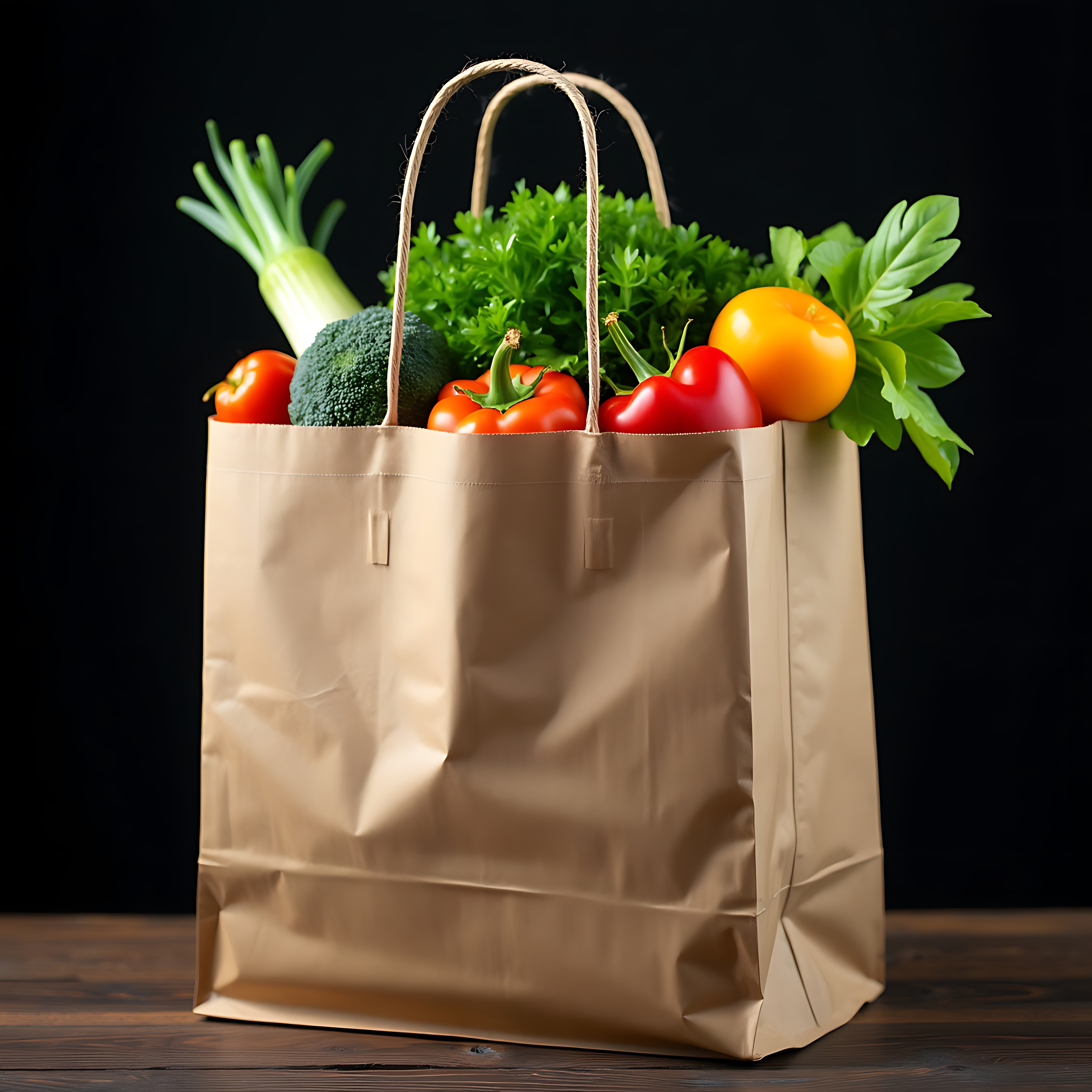 Kraft paper grocery bag filled with fresh produce.