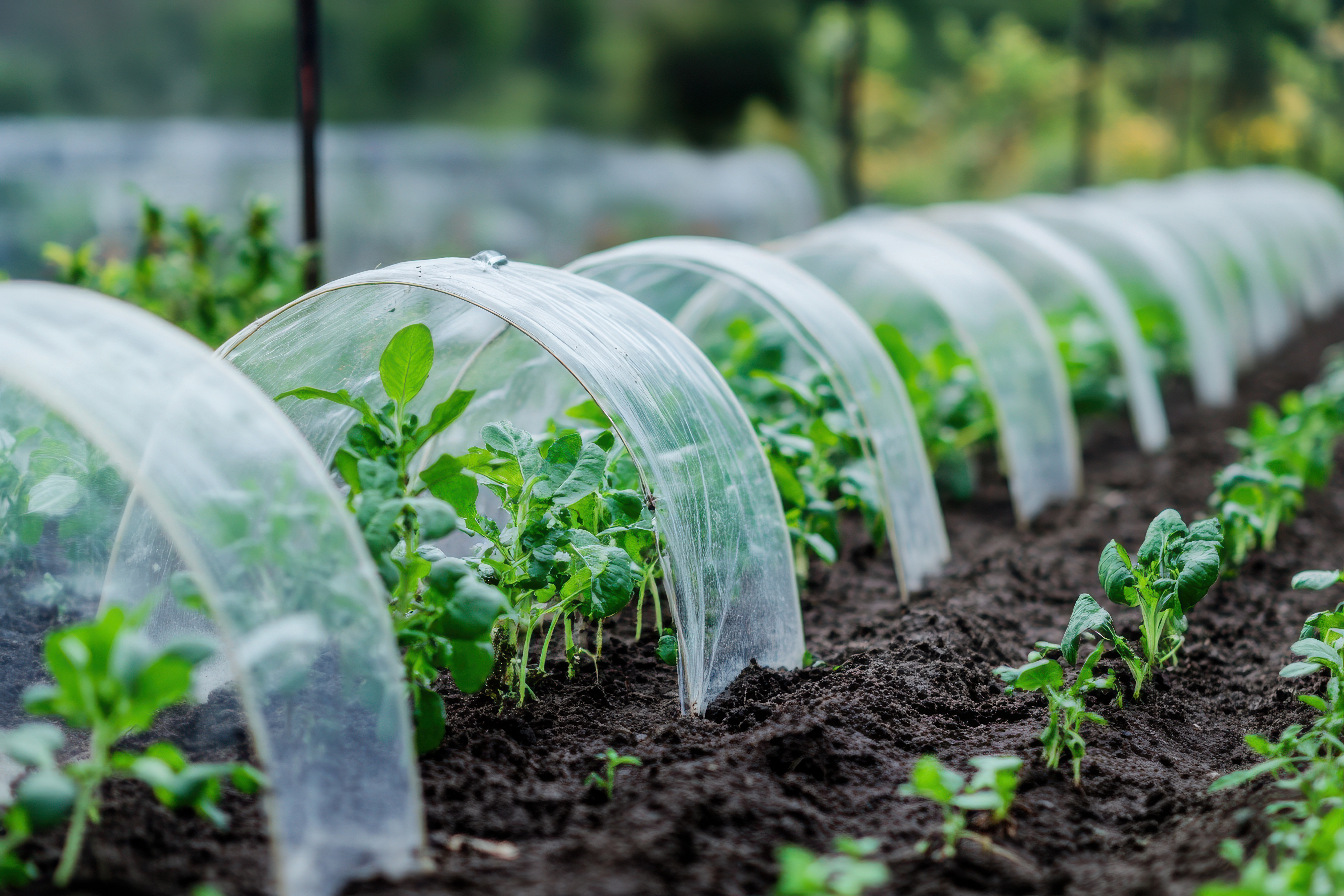 Non-woven crop covers over agricultural rows.